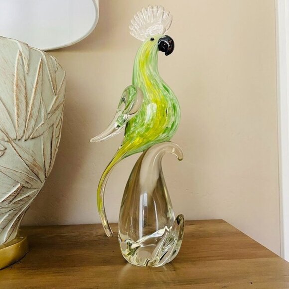 Murano Glass Cockatoo Bird Sculpture Green & Clear Art Glass 13.5" Tall - Picture 1 of 8